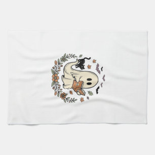 Vintage Ghost Cat Halloween Floral Vector Design_1 Tea Towel