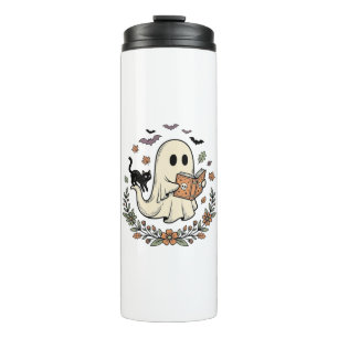 Vintage Ghost Cat Halloween Floral Vector Design_1 Thermal Tumbler