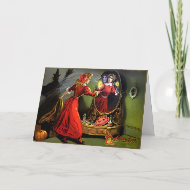 Vintage Ghost Mirror Halloween Card (Front)