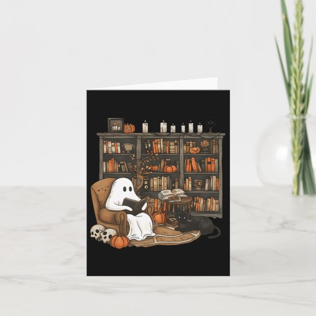 Vintage Ghost Reading Book Lovers Library Hallowee Card (Front)