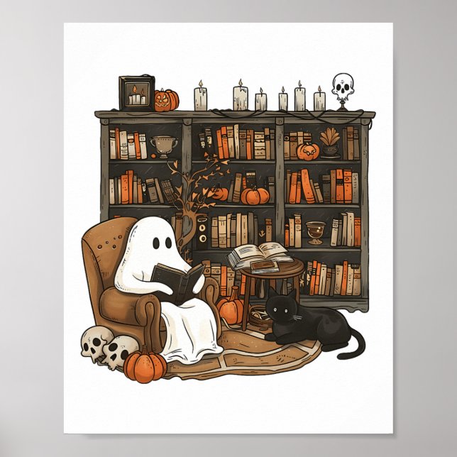 Vintage Ghost Reading Book Lovers Library Hallowee Poster (Front)
