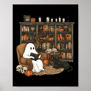 Vintage Ghost Reading Book Lovers Library Hallowee Poster