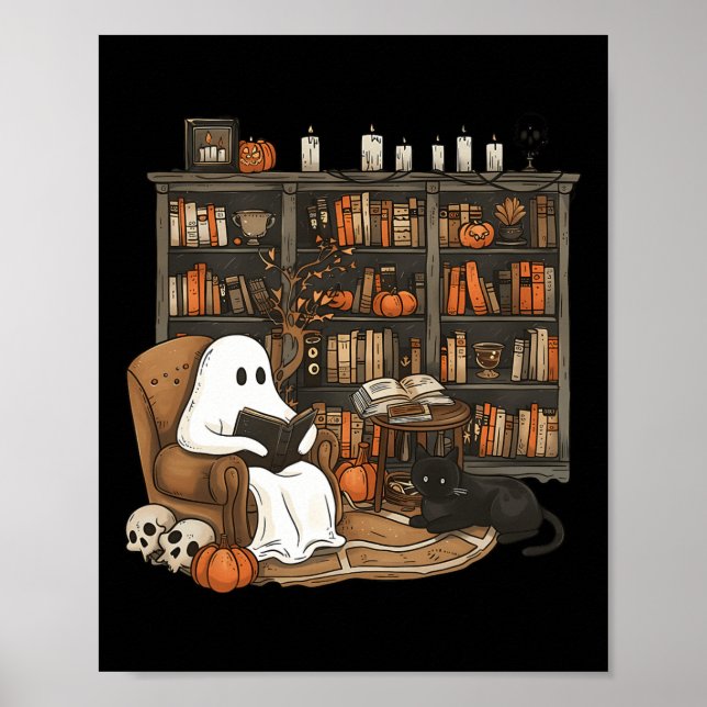 Vintage Ghost Reading Book Lovers Library Hallowee Poster (Front)
