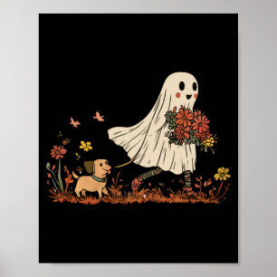 Vintage Ghost Walking Dog Floral Halloween Dog Poster