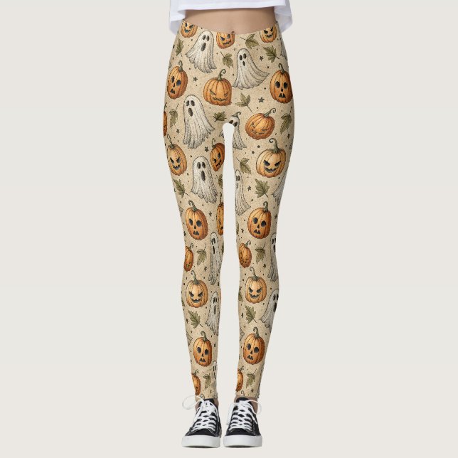 Vintage Ghosts & Pumpkins Halloween Pattern Leggings (Front)