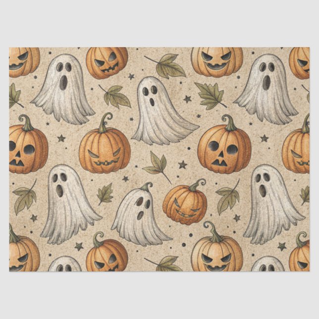 Vintage Ghosts & Pumpkins Halloween Pattern Tissue Paper (Front)