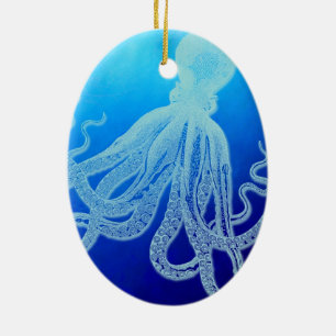 Vintage Giant Octopus in Deep Blue Ocean Ceramic Tree Decoration