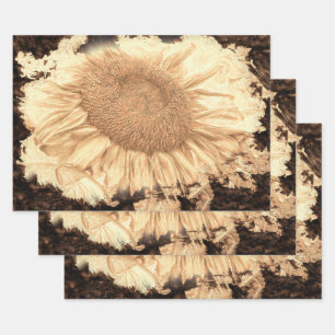 Vintage Giant Sunflowers Painted Rustic Vignette Wrapping Paper Sheet