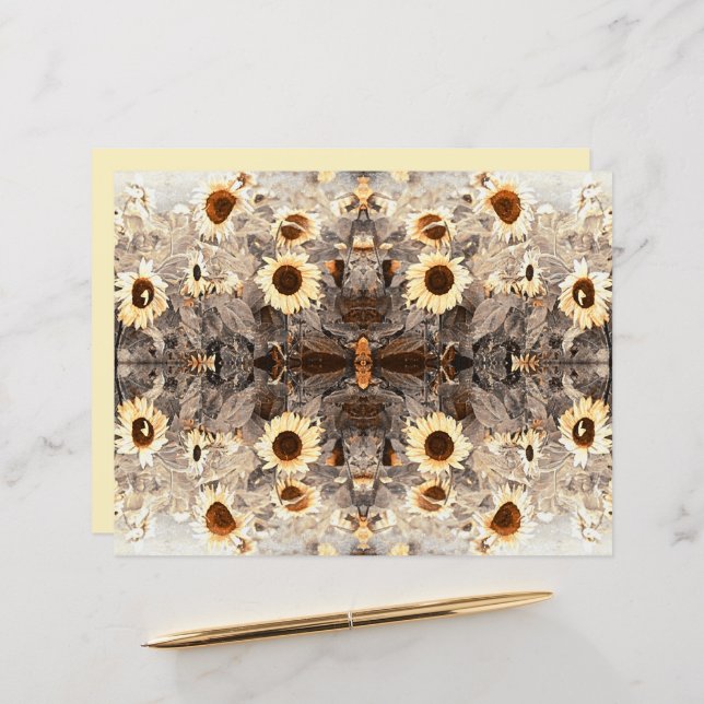 Vintage Giant Sunflowers Yellow Brown Sepia Art (Front/Back In Situ)