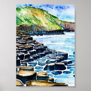 Vintage Giants Causeway Antrim Coast watercolor Poster