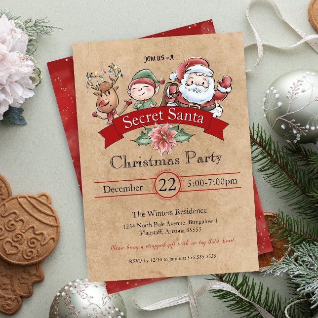 Vintage Gift Exchange Secret Santa Christmas Invitation (Vintage secret santa gift exchange party invitation for holiday office party or white elephant gifts)