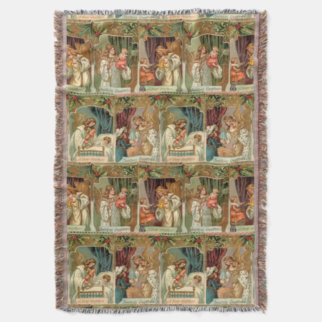 Vintage Gilded Angels, Children and Greenery Throw Blanket (Front Vertical)