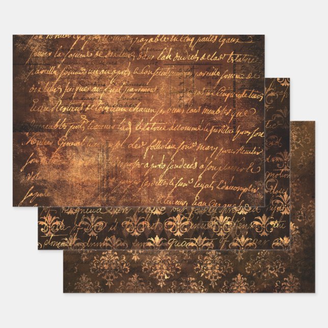 Vintage Gilded Brown Gold Damask Wrapping Paper (Set)
