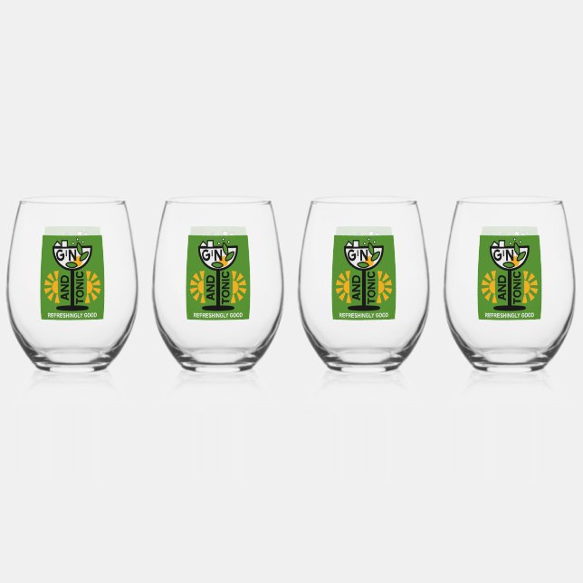Vintage Gin And Tonic Art Stemless Wine Glass (Front)
