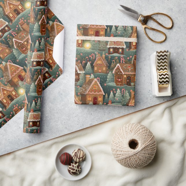 Vintage gingerbread houses Christmas trees sweets Wrapping Paper (Crafts)