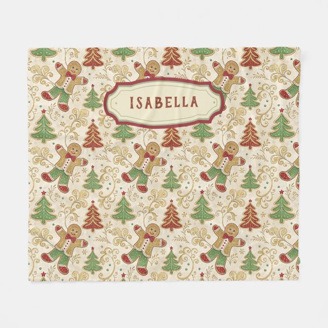 Vintage Gingerbread Man & Christmas Trees Custom  Fleece Blanket (Front (Horizontal))