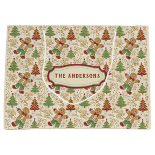 Vintage Gingerbread Man & Christmas Trees Custom Large Gift Bag