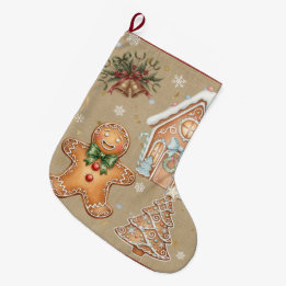 Vintage Gingerbread Man, House, Tree, Christmas  Large Christmas Stocking