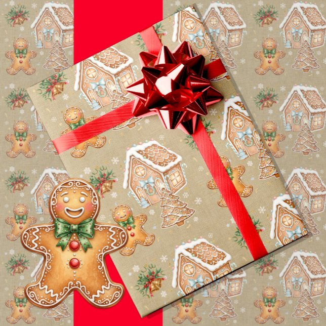 Vintage Gingerbread Man, House, Tree, Christmas  Wrapping Paper (Vintage Gingerbread Man Christmas Wrapping Paper)