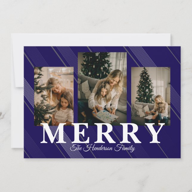 Vintage Gingham Classic Navy 3 Photo Holiday Card (Front)