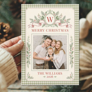 Vintage Gingham Monogram Family Christmas Photo Holiday Card