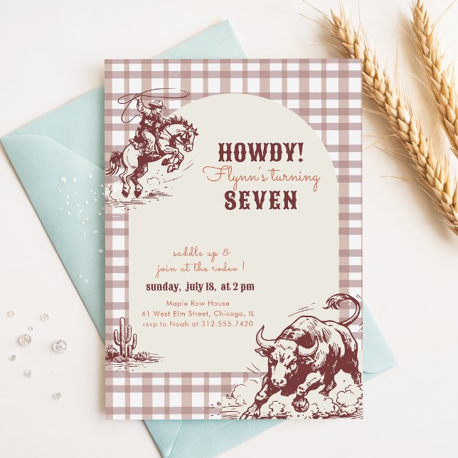 Vintage Gingham Western Cowboy Rodeo 7th Birthday Invitation (Creator Uploaded)