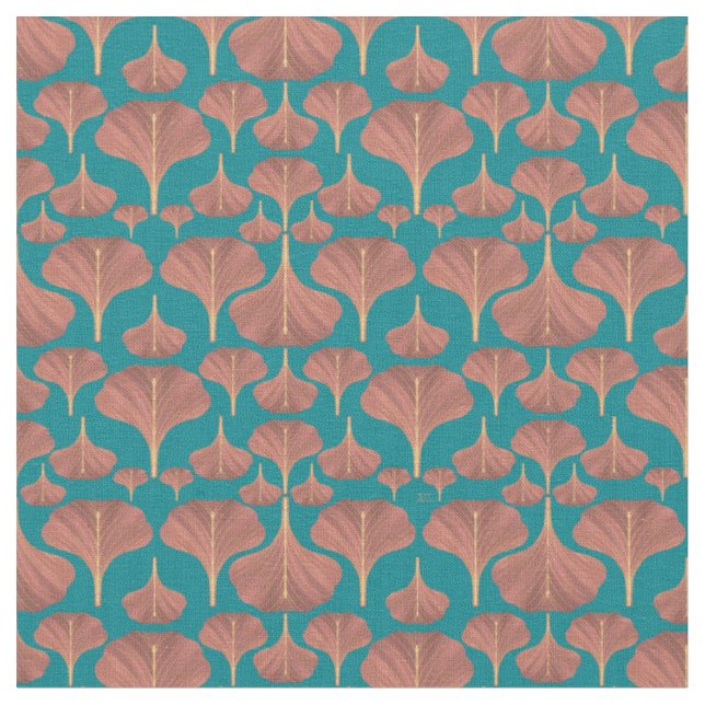 Vintage Ginkgo Teal Floral Pattern Fabric (Close Up)