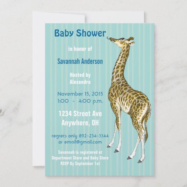 Vintage Giraffe Baby Boy Shower Invitations (Front)