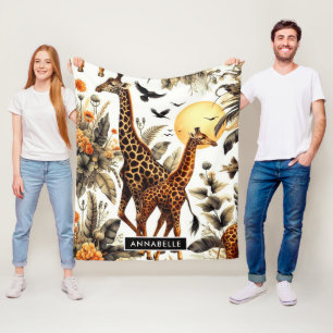 Vintage Giraffe Floral Watercolor Fleece Blanket