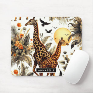 Vintage Giraffe Floral Watercolor Mouse Mat