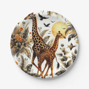 Vintage Giraffe Floral Watercolor Paper Plate