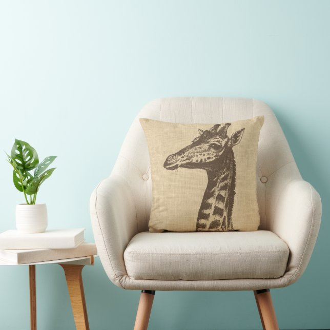 Vintage Giraffe Illustration on Burlap  Cushion (Chair)