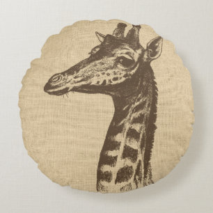 Vintage Giraffe Illustration on Burlap  Round Cushion