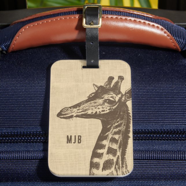 Vintage Giraffe Illustration Personalised Luggage Tag (Front Insitu 2)