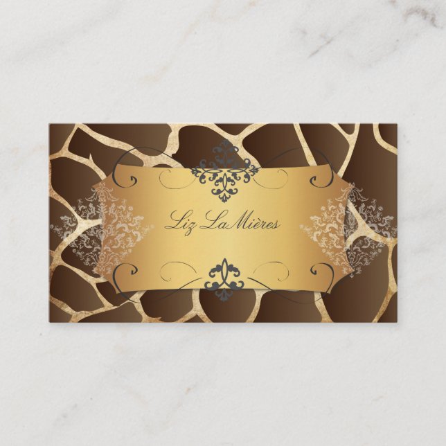 Vintage giraffe + lace damask/faux parchment business card (Front)