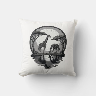 Vintage Giraffe Moon Silhouette Safari Vector Desi Cushion