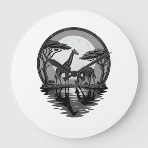 Vintage Giraffe Moon Silhouette Safari Vector Desi Large Clock