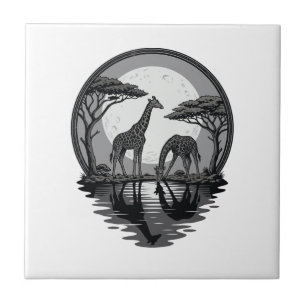 Vintage Giraffe Moon Silhouette Safari Vector Desi Tile