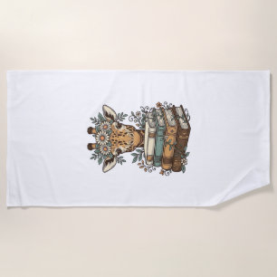 Vintage Giraffe Reading Books Floral Shirt Design_ Beach Towel