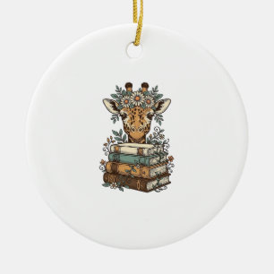 Vintage Giraffe Reading Books Floral Shirt Design_ Ceramic Tree Decoration