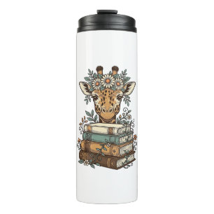 Vintage Giraffe Reading Books Floral Shirt Design_ Thermal Tumbler