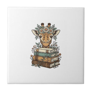Vintage Giraffe Reading Books Floral Shirt Design_ Tile