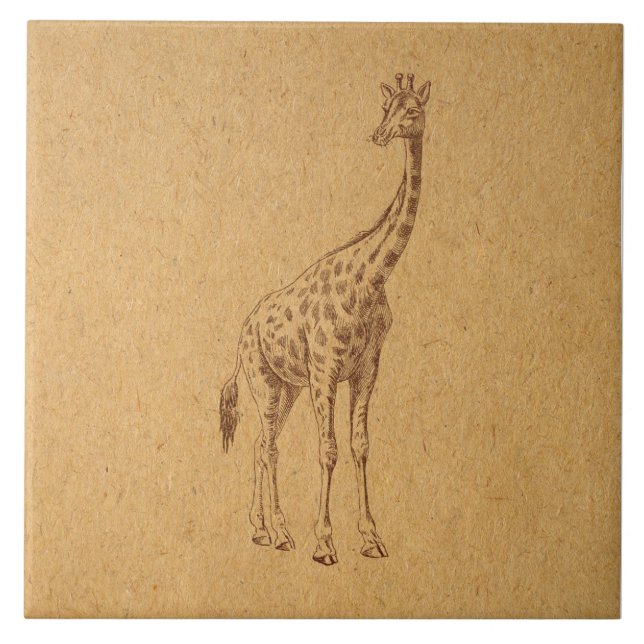 Vintage Giraffe Rustic Illustrated Animal Art Tile (Front)