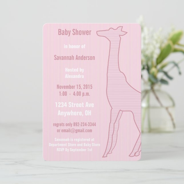 Vintage Giraffe Stripe Baby Girl Shower Invitation (Standing Front)
