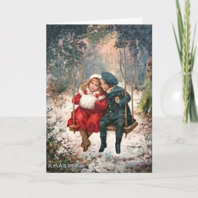 Vintage Girl and Boy on Swing Christmas Card (Front)