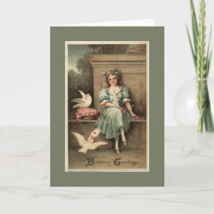 Vintage Girl and Doves Birthday Greeting Card