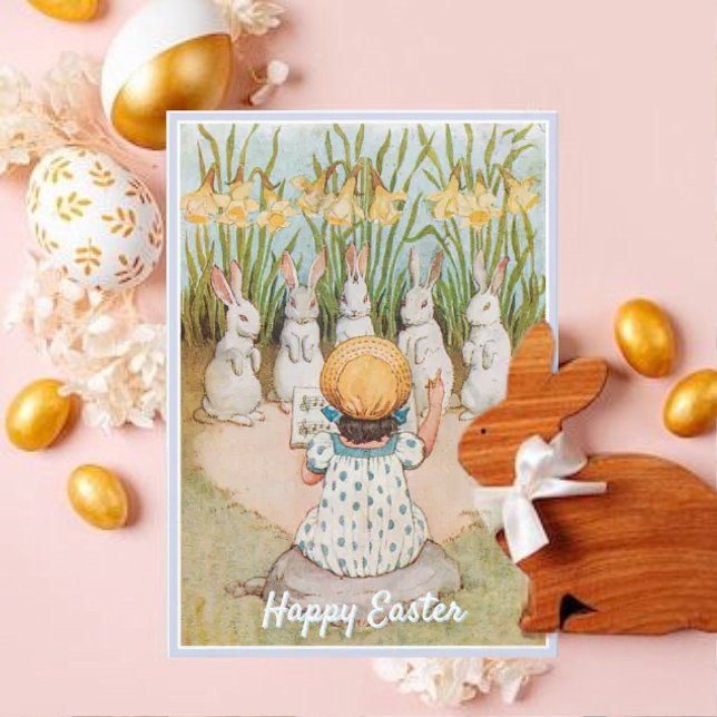 Vintage Girl and Easter Bunnies Singing Holiday Card (Creator Uploaded)