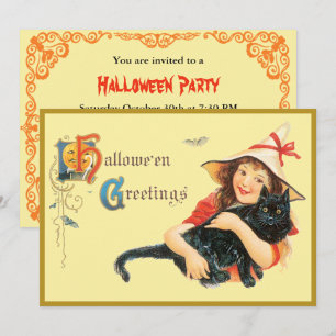 Vintage Girl And Her Cat Halloween Invitation