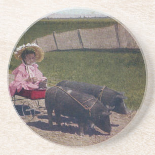 Vintage Girl and Her Pet Pigs Coaster