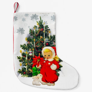 Vintage Girl and Holiday Tree / Retro Small Christmas Stocking